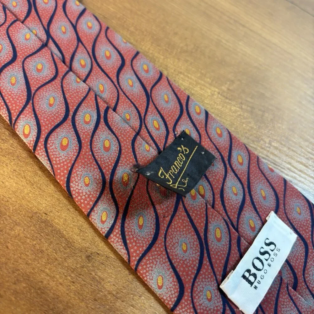 VTG Hugo Boss x Franco's Men's Necktie Coral Red Wave Geometric 100% Silk Italy